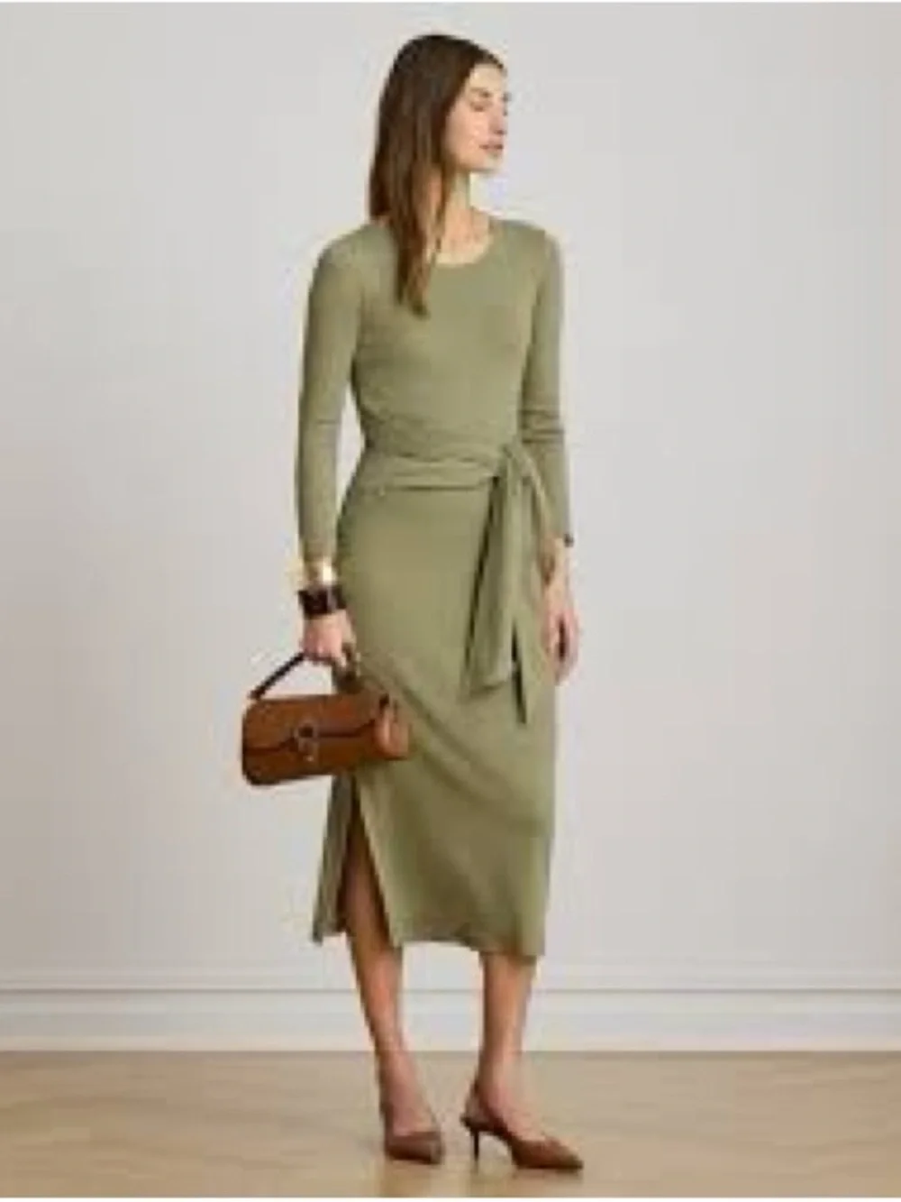 NWT XL 2025 pre spring collection Lauren Ralph Lauren Olive Tie-Waist Midi Dress - Picture 3 of 5